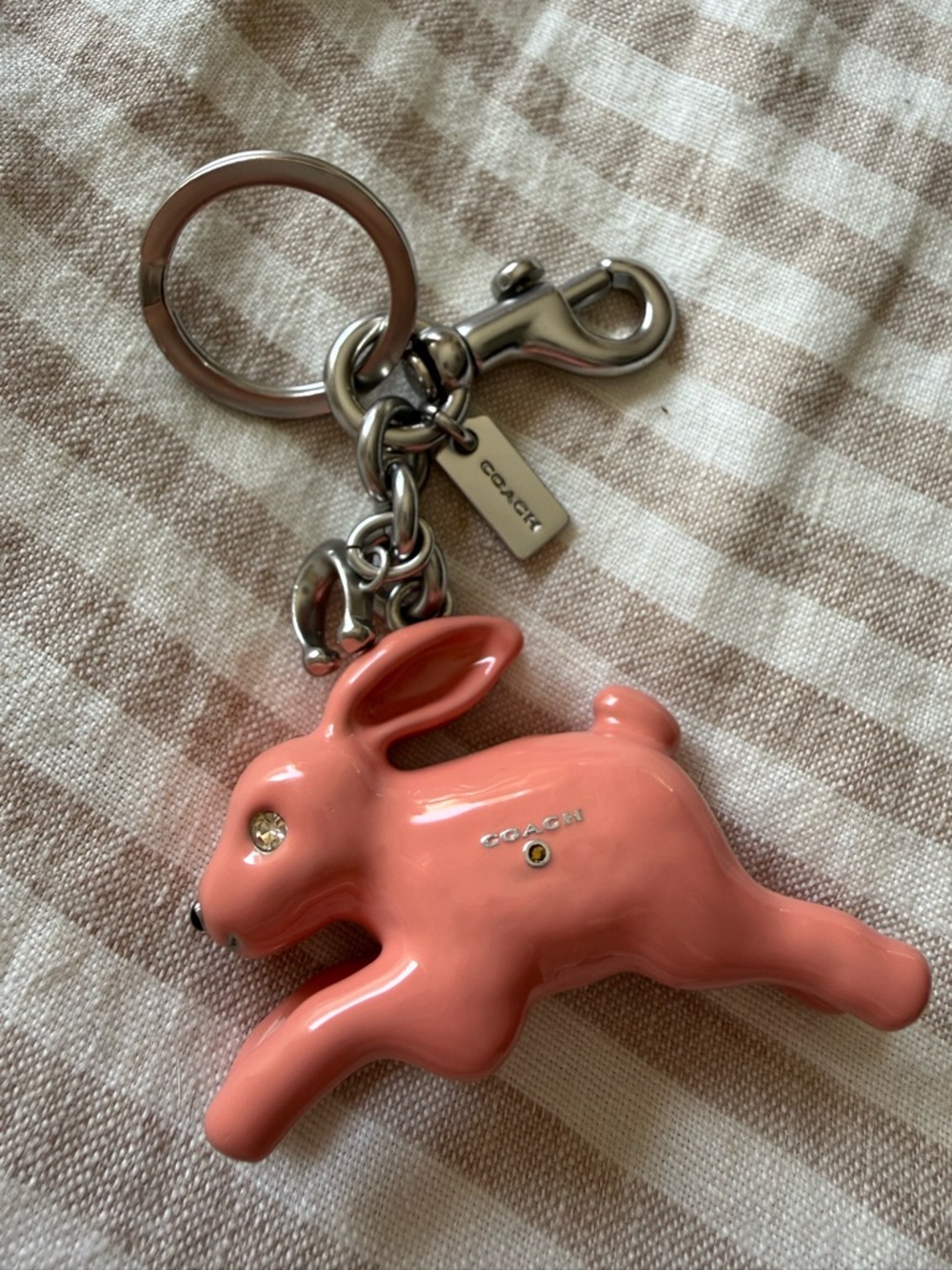 Coach Silver-Tone Keyring with Pink Enamel Bunny Accent